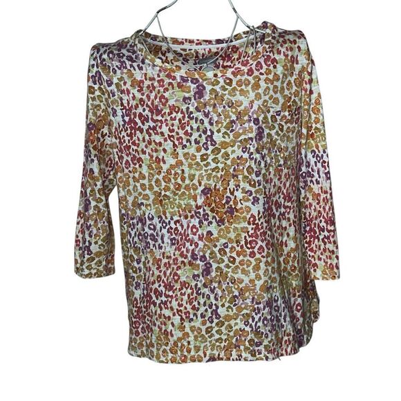 Great CONDITION STUNNING Chico's Animal-Print Cotton-Blend Slub Pocket Tee Comfo - Picture 1 of 11